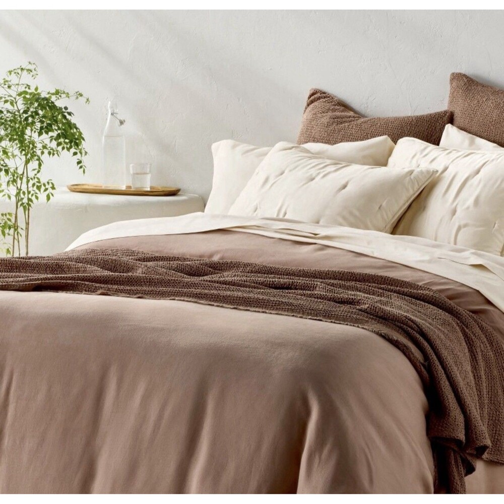 SET King Textured Waffle Coverlet & 2 Euro Shams Brown - Casaluna NEW